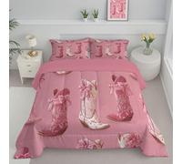 DLERFLOVR Kawaii Style Coverless Duvet Set with 2 Pillowcases, Double Reversible Duvet All Seasons with Bow Cowboy Boots Pattern, Lightweight and Warm Down Alternative, 200x200cm, Pink