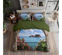 DLERFLOVR King Duvet Cover Sets, 230x220cm Retro Arched Window View Reversible Bedding Set Soft Breathable Island Scenery Bed Sets Lightweight Comforter Cover with Pillowcases, Blue