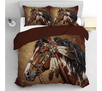 DLERFLOVR King Duvet Cover Sets, Comfy Breathable Native American Horses Bedding Set Ultrasoft Reversible Retro Ethnic Style Quilt Cover Non Iron with Pillowcases, 230x220cm Brown