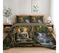 DLERFLOVR King Duvet Cover Sets - Forest Zen Style Bedding Set Ultra Brushed Microfiber Meditating Buddha Statue Quilt Cover Non Iron Luxury Bedding Sets with Pillow Cases, Autumn Yellow