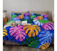 DLERFLOVR King Duvet Cover Sets - Jungle Leaves Bedding Sets, Tropical Abstract Reversible Comforter Cover Ultrasoft Quilt Set with 2 Pillowcases - Non-Iron Easycare, Dark Blue