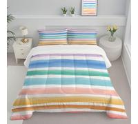 DLERFLOVR King Duvet Set, Soft Color Stripes Coverless Duvet with 2 Pillowcases, Clipart Style Down Alternative Reversible Bedding Quilted Comforter Sets for All Seasons, 230x220cm Multicolor