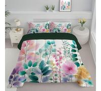 DLERFLOVR King Reversible Duvet - Watercolor Flowers And Plants Coverless Duvet - All Seasons Clipart Elements Duvet- Quilt with Pillowcases - Lightweight Washable Comforter 230x220cm Blue-Green