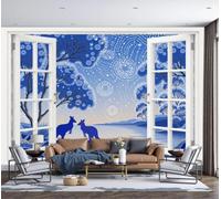 DLERFLOVR Lakeside Kangaroo Window View Mural Wallpaper, 250x175cm Photo Wallpaper Indigenous Pointillism Art Silk Wall Art Wall Covering for Children Room Corridor Poster DIY Decoration, Navy Blue
