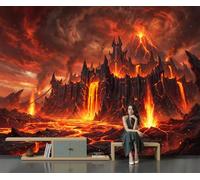 DLERFLOVR Lava Hell Castle Photo Mural Dark Fantasy Style Photo Wallpaper 3D Effect Silk Wall Covering 450x315cm Wall Art for Bedroom, Living Room, Hallway Decor, Fiery Red