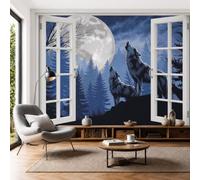 DLERFLOVR Lone Wolf Howling Photo Mural Mysterious Dark Forest Photo Wallpaper 3D Effect Silk Wall Covering 450x315cm Wall Art for Bedroom, Living Room, Hallway, Children's Room Decor, Navy Blue