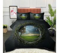 DLERFLOVR Magic Portal Coverless Duvet Set with 2 Pillowcases, 240x260cm Bedding Set with Green Grass Pattern, Lightweight and Warm, All Seasons Dark Gray