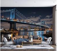 DLERFLOVR Manhattan Bridge Wall Mural - 450x315cm Dark Gray 3D Effect Photo Wallpaper City Night View Panoramic Wall Art Poster for Living Room Bedroom Office Decoration, Dark Gray