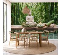 DLERFLOVR Meditating Buddha Statue Wall Murals 450x315cm Mural Wallpaper Bamboo Forest Zen Style Wall Art Large Format Digital Print for Bedroom Living Room Tv Background Wall Decoration, Grass Green