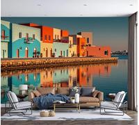 DLERFLOVR Mediterranean Style Photo Wallpaper - 400x280cm Wall Mural Seaside Architecture 3D Effect Art Print Silk Wall Covering for Office Bedroom Living Room Sofa TV Background Decor, Blue Orange