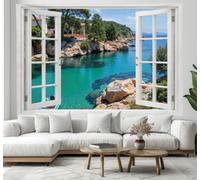 DLERFLOVR Mediterranean Style Tapestry Wall Hanging - Seaside Cabin Window View Wall Tapestries Aesthetic Home Decor for Bedroom Living Room Nursery, 100x75 cm, Mint Green