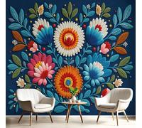 DLERFLOVR Mexican Folk Art Photo Wallpaper, 400x280cm 3D Flowers Wall Murals 3D Effect Large Wallpaper Wall Decor for Living Room, Sofa, TV Background, Hallway, Navy Blue