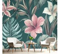 DLERFLOVR Monstera Hibiscus Flower 3D Silk Wall Mural Tropical Flowers Photo Wallpaper Poster Picture Design for Living Room Kids' Bedroom & Home Interiors, 250x175cm, Dark Green