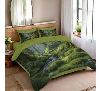 DLERFLOVR Moss Forest Duvet Cover - Tree Trunk Stream Super King Bedding Set with Pillowcases - Soft Quilt Cover Bed Set - Easy Care Winter Bed Linen, 240x260cm, Grass Green