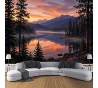 DLERFLOVR Mountain and Lake Landscape Wall Mural, Mountain Sunset Photos Wallpapers Silk Wall Mural Interior Design Decor Wall Sticker for Bedroom Living Room Corridor, 300x210cm, Orange-Red