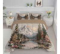 DLERFLOVR Mountains And Deer Reversible Coverless Duvet Super King Retro Style Washable Bed Quilt with Matching Pillowcase Lightweight Down Alternative Comforter Set for All Seasons, Cream, 240x260cm