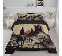 DLERFLOVR Old West Landscape Coverless Duvet King - 230x220cm - Cowboy Rider Soft Comfy Duvet with Pillowcase Down Alternative Reversible Comforter Set - Machine Washable & Durable Brown