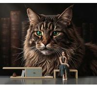 DLERFLOVR Panoramic Dark Academy Wallpaper Murals, Silk Art Print | Maine Coon Cat and Old Books Photo Wallpaper, 3D Effect Wall Covering for Living Room, Dining Room, Bedroom, 200x140cm