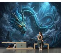 DLERFLOVR Panoramic Dark Fantasy Wallpaper Murals, Silk Art Print | Azure Dragon and The Abyss Photo Wallpaper, 3D Effect Wall Covering for Living Room, Dining Room, Bedroom, 350x256cm