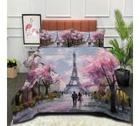 DLERFLOVR Paris Street Painting Coverless Duvet Set with 2 Pillowcases, 240x260cm Reversible Bedding Set with Couple Eiffel Tower Pattern, Lightweight and Warm, All Seasons Pink