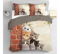 DLERFLOVR Peeking At The Kittens Single Duvet Cover Set, 135x200cm Ultra Soft Reversible Bedding Set with Pillowcases, Healing Watercolor Paintings Quilt Bed Cover with Zipper Closure, Beige