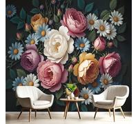 DLERFLOVR Photo Wallpaper Beautiful Flowers, 400x280cm Wall Mural Bouquet of Roses and Daisies Poster Picture Design Artwork Background Wall Decoration for Living Room Bedroom TV Backdrop, Dark Green