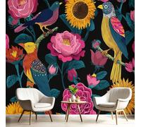 DLERFLOVR Photo Wallpaper Flower and Bird Painting 450x315cm - Silk Premium Art Print Vintage Illustration Wall Mural Decoration XXL Poster Picture Design for Living Room Bedroom, Dark Blue