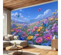 DLERFLOVR Photo Wallpaper Flowers in Bloom, 250x175cm Wall Mural Wildflowers, Meadows, Butterflies Poster Picture Design Artwork Background Wall Decoration for Living Room Bedroom TV Backdrop, Blue