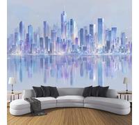 DLERFLOVR Photo Wallpaper Future Technology Architecture 3D Effect Panoramic Mural City Skyline Wall Paper for Bedroom, Living Room, Restaurant, Cafe Fireplace Wall Decoration, 250x175cm Blue-Purple
