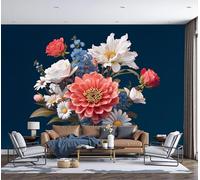 DLERFLOVR Photo Wallpaper Realistic Still Life Style 3D Effect Panoramic Mural Rose Daisy Wall Paper for Bedroom, Living Room, Restaurant, Cafe Fireplace Wall Decoration, 400x280cm Dark Blue