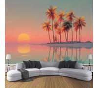 DLERFLOVR Photo Wallpaper Retro Summer Scenery 3D Effect Panoramic Mural Tropical Island Sunset Wall Paper for Bedroom, Living Room, Restaurant, Cafe Fireplace Wall Decoration, 350x256cm Pink Orange