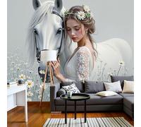 DLERFLOVR Photo Wallpaper Romanticism 3D Effect Panoramic Mural White Horse Daisy Girl Wall Paper for Bedroom, Living Room, Restaurant, Cafe Fireplace Wall Decoration, 400x280cm Light Gray
