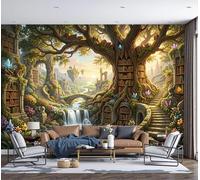 DLERFLOVR Photo Wallpaper The Jungle Book 3D Effect Panoramic Mural Book Treehouse Wall Paper for Bedroom, Living Room, Restaurant, Cafe Fireplace Wall Decoration, 350x256cm Beige