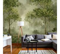DLERFLOVR Photo Wallpaper Tranquil Forest 3D Effect Panoramic Mural Misty Forest Trail Wall Paper for Bedroom, Living Room, Restaurant, Cafe Fireplace Wall Decoration, 300x210cm Sage Green