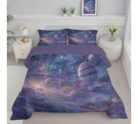 DLERFLOVR Planets And Stars Reversible Coverless Duvet King The Vast Universe Washable Bed Quilt with Pillowcase Lightweight Down Alternative Comforter Set for All Seasons, Purple, 240x220cm