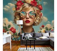 DLERFLOVR Retro American Country Wall Murals, 400x280cm Large Photo Wallpaper Romantic Curly-Haired Woman Wall Covering Fabric DIY Wall Decoration for Living Room Bedroom Office, Blue