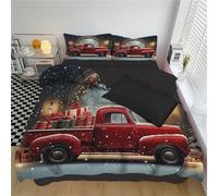 DLERFLOVR Retro Christmas Truck Duvet Cover Set - Single 135x200cm - Nostalgic Style Quilt Cover Reversible Bedding Sets Bedroom Set with Pillowcases and Zipper Closure, Retro Red