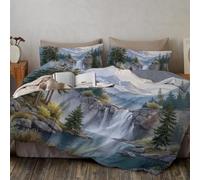 DLERFLOVR Reversible Duvet Cover Sets Misty Mountains And Pine Trees Double Bedding Forest Waterfall Comforter Cover Sets Ultra Soft Quilt Bed Covers Set with Pillow Cases, 200x200cm, Blue Green