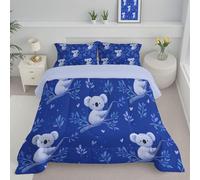 DLERFLOVR Reversible Duvet Set Single Minimalism Coverless Duvet Cartoon Koala Bedding Sets Lightweight and Warm Down Alternative Comforter for All Seasons with Pillowcases, 140x200cm, Dark Blue