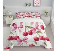 DLERFLOVR Ribbon Bow Coverless Duvet Set with 2 Pillowcases, Double Reversible Duvet All Seasons with Cherry Pattern, Lightweight and Warm Down Alternative, 200x200cm, Purple