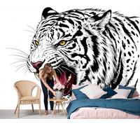 DLERFLOVR Roaring White Tiger Mural Wallpaper, 250x175cm Photo Wallpaper Wild Animals Silk Wall Art Wall Covering for Children Room Nursery Corridor Poster DIY Decoration, Black and White