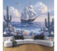 DLERFLOVR Sailing On The Sea Photo Wallpaper Tropical Island Plants Wall Mural Silk Wall Décor Art Large Poster Picture Design Modern for Living Room Bedroom Dorm Décor 450x315cm - Blue
