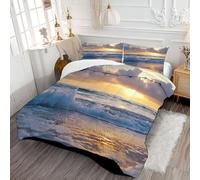 DLERFLOVR Sea Waves And Splashes Coverless Duvet Super King Lightweight and Warm Bedding Sunrise On The Beach Down Alternative with Pillow Shams for All Seasons 240x260cm Blue