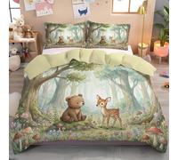 DLERFLOVR Single Duvet Cover Sets, 135x200cm Spring Forest Reversible Bedding Set Soft Breathable Little Bear And Little Deer Bed Sets Lightweight Comforter Cover with Pillowcases, Sage Green