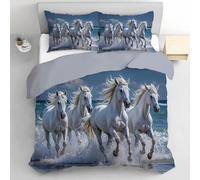 DLERFLOVR Single Duvet Cover Sets - Horses Running On The Sea Bedding Sets, Realistic Style Reversible Comforter Cover Ultrasoft Quilt Set with 1 Pillowcases - Non-Iron Easycare, Blue