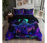 DLERFLOVR Single Duvet Cover Sets - Psychedelic Neon Bedding Set with Pillowcases | Ultrasoft Microfiber Glowing Death Skull Quilt Cover with Zipper Closure, Purple, 135x200cm
