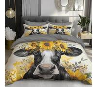 DLERFLOVR Single Duvet Cover Sunflower Cow Bedding Set Country Style Quilt Cover with Pillow and Zipper Closure Cases Easy Care Machine Washable for All Seasons, 135x200cm, Yellow