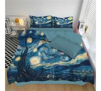 DLERFLOVR Single Duvet Set Abstract Starry Sky 3 Piece Duvet Cover Ancient Village Soft Quilt Cover Non Iron Luxury Bedding Sets with Zipper Closure and Pillowcases, 135x200cm, Dark Blue