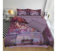 DLERFLOVR Single Duvet Set Dreamy Red Leaf Tree Printed Bedding Set Reversible Duvet Cover Autumn Lake Ultra Soft Quilt Cover Set with Pillow Cases and Zipper Closure, Blush