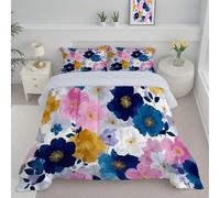 DLERFLOVR Single Reversible Duvet - Cute Little Flowers Coverless Duvet - All Seasons Flower Ink Painting Duvet- Quilt with Pillowcases - Lightweight Washable Comforter 135x200cm Navy Blue